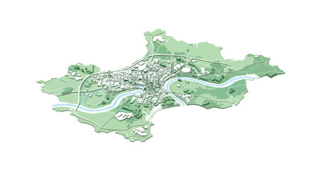 Stunning aerial view of a green city map with flowing river and surrounding landscape, perfect for urban planning and development concepts © jeew