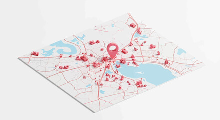 Dynamic 3D city map with pinpoint location marker and miniature buildings, ideal for urban planning or travel concepts.