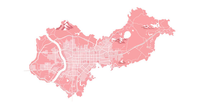 Discover your next adventure with this stylish pink city map showcasing urban grids, winding rivers, and charming mountain silhouettes, perfect for travel inspiration and modern design projects.