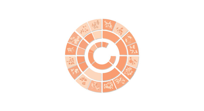 Dynamic circular infographic template with icons representing diverse business concepts and data visualization elements for modern presentations