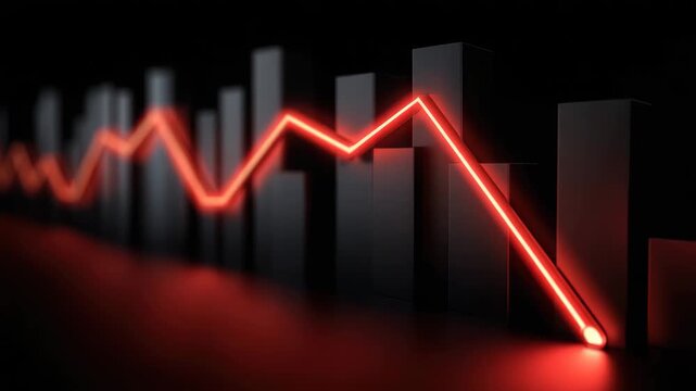 Red glowing line graph and black bar chart illustrating sharp financial decline trend with glowing red neon data, dramatic lighting, and downward market crash visualization