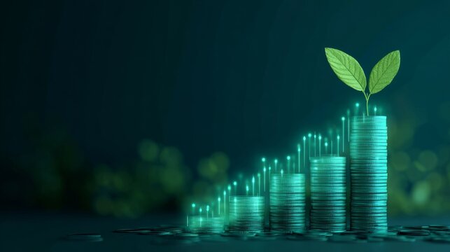 Digital vector of financial growth, glowing chart rising with coin stack base and a green leaf sprouting on top