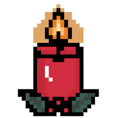 Pixel Art Christmas Red Candle with Flame and Holly Leaves Illustration