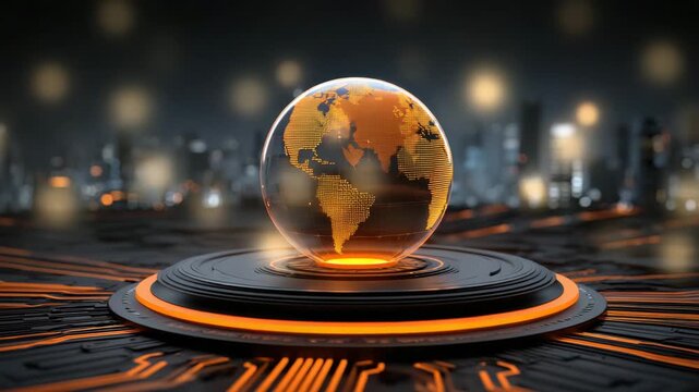 Digital globe futuristic technology glowing earth circuit board orange light global network technology concept illuminated sphere world map modern design futuristic glowing globe digital map