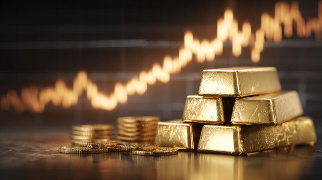 Precious metal concept with stacked gold bars, coin treasure, and rising stock market graph glowing in golden light - Powered by Adobe