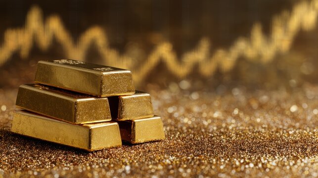 Stack of shiny gold bars on sparkling gold particle background, investment stock graph overlay showing financial success and wealth growth