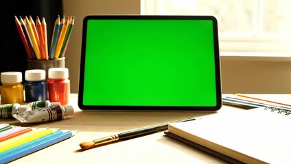 Modern artist's desk with a digital tablet mockup for online tutorials, surrounded by traditional art supplies like paint and colored pencils