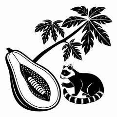 Raccoon and papaya fruit with leaves
