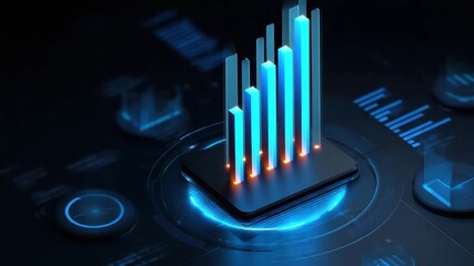 Digital futuristic bar chart glowing blue light data visualization technology analytics innovation sleek 3D graph modern design virtual screen illuminated bars tech interface concept - Powered by Adobe