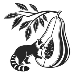 Raccoon reaching for a sliced papaya under a leafy branch