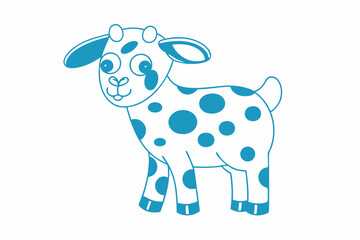 Charming cartoon goat with blue spots cheerfully stands against a bright white background