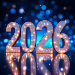 Sparkling Blue 2026 New Year Numbers on Reflective Surface with Glowing Lights and Bokeh Background Isolated on White P N G Download for Social Media Advertisement Banner