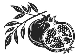 Stylized pomegranate on a branch with leaves