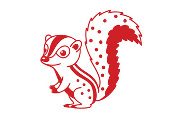 Charming red cartoon chipmunk stands, showcasing its spotted tail and striped face design