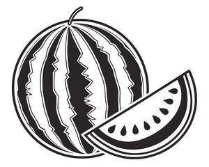 Stylized black and white watermelon slice and whole fruit