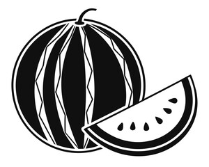 Stylized black and white watermelon slice and whole fruit