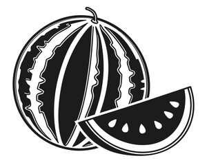 Stylized black and white watermelon slice and whole fruit