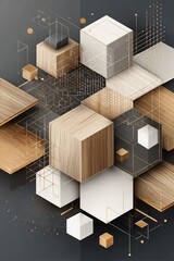 Abstract 3D geometric background with wooden and white cubes, golden lines, and hexagons creating a complex structure on a dark gray surface.