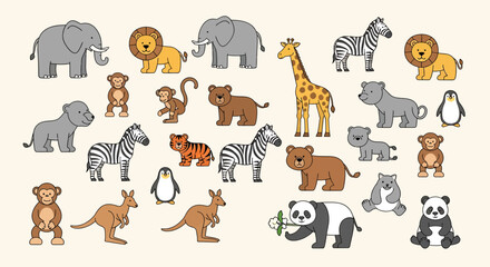 Obraz premium Diverse Collection of Cartoon Safari and Zoo Animals in Various Poses.