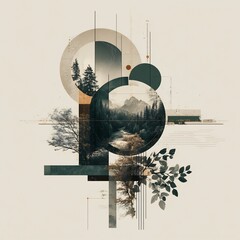 Abstract geometric collage art with serene nature landscape, featuring mountains, forest, river, and trees on a minimalist textured background.