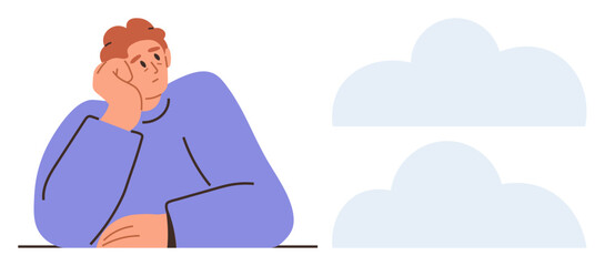 Person resting head in hand, looking at clouds with a pensive expression. Ideal for reflection, imagination, creativity, daydreaming, relaxation, solitude mental health. Simple flat metaphor
