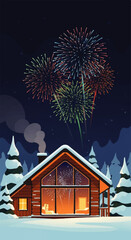 Cozy Cabin Celebration with Festive Fireworks Display.