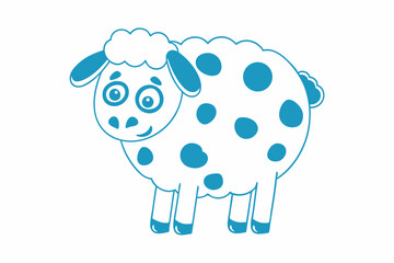 Cheerful cartoon sheep stands with blue polka dots isolated on white background
