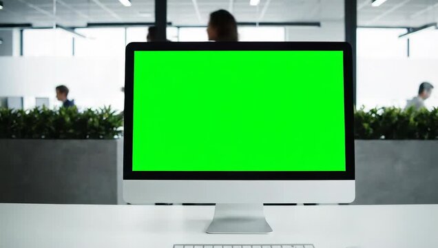 Desktop computer with a blank green chroma key screen on a white desk in a modern, blurred office background.