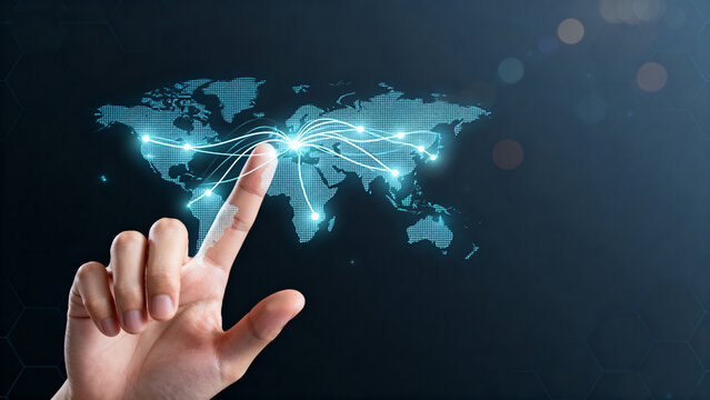 Finger touching digital world map