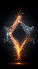 Abstract Futuristic Geometric Diamond Shape with Glowing Energy and Scattered Particles