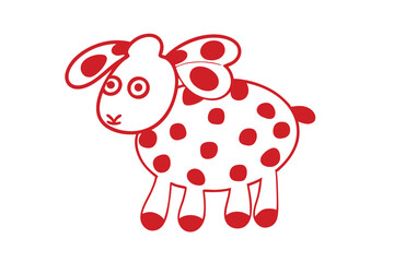 Cute lamb with red spots stands facing left on a white background