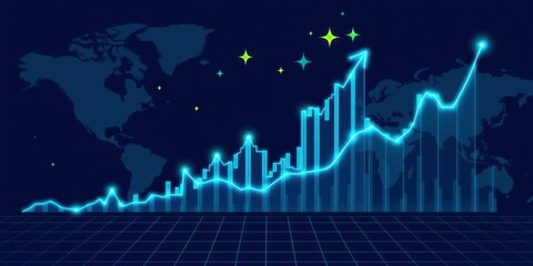 Glowing blue financial chart with upward trend and world map background symbolizing global growth