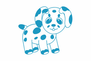 Cute line art shows a cartoon style Dalmatian puppy with blue spots