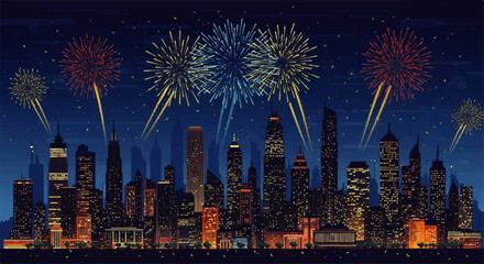 Vibrant City Skyline Illuminated by Festive Fireworks Display.