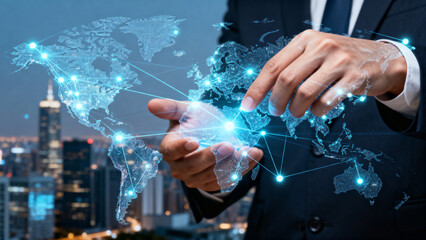 Businessman interacting with digital world map