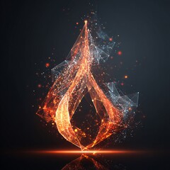 Abstract geometric flame of glowing plexus lines and scattered particles, symbolizing digital energy, future technology, and network connection.