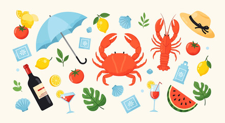 Vibrant Red Crab Illustration, Top-Down View, Detailed Claws, Summery Style.