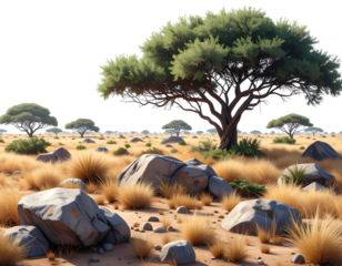 A lone lion surveys the vast, dry, red desert landscape under a wide sky with scattered clouds