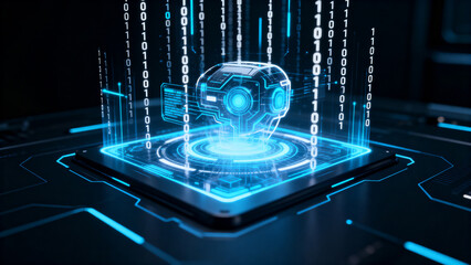 Futuristic robot head in digital matrix