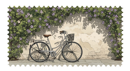 Vintage Bicycle Leaning Against Textured Wall with Woven Basket and Shadow Play.