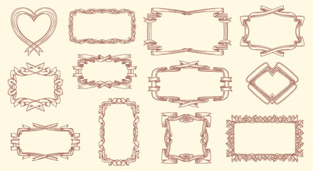 Collection of Elegant Hand-Drawn Decorative Frames with Ribbon and Floral Elements.