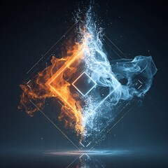Duality of Elements: Vibrant Abstract of Fire and Ice Interacting with Glowing Geometric Shapes