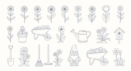 Collection of Line Art Garden Icons - Flowers, Tools, and Gnome.