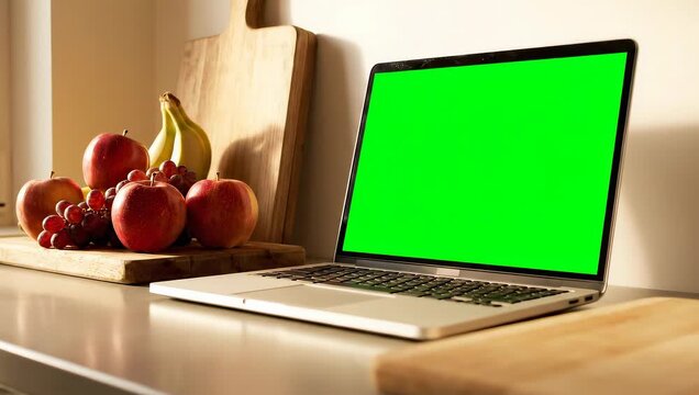 A laptop with a green screen sits on a modern kitchen counter next to a cutting board with fresh fruit.
