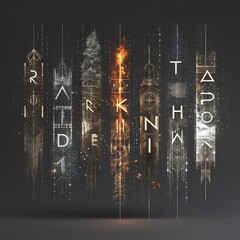 Abstract Vertical Art Panels with Stylized Letters, Natural Elements, Fire, and Glowing Geometric Patterns