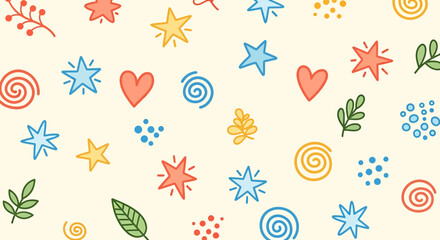 Colorful Hand-Drawn Stars, Hearts, Spirals, Leaves, and Dots Pattern.