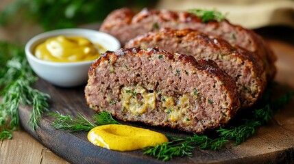 Thick slice of Bavarian meatloaf served warm in a crusty roll with mustard, displayed as a simple street-style snack.