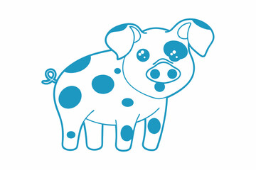 Outlined blue drawing showing a spotted pig facing forward against a plain white background