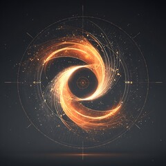 Abstract orange glowing energy spiral with futuristic digital grid lines and sparkling particles on a dark background, symbolizing technology, science, and motion.