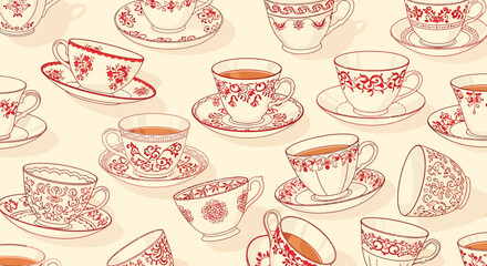Elegant Vintage Teacups and Saucers with Floral Patterns and Tea, Scattered.